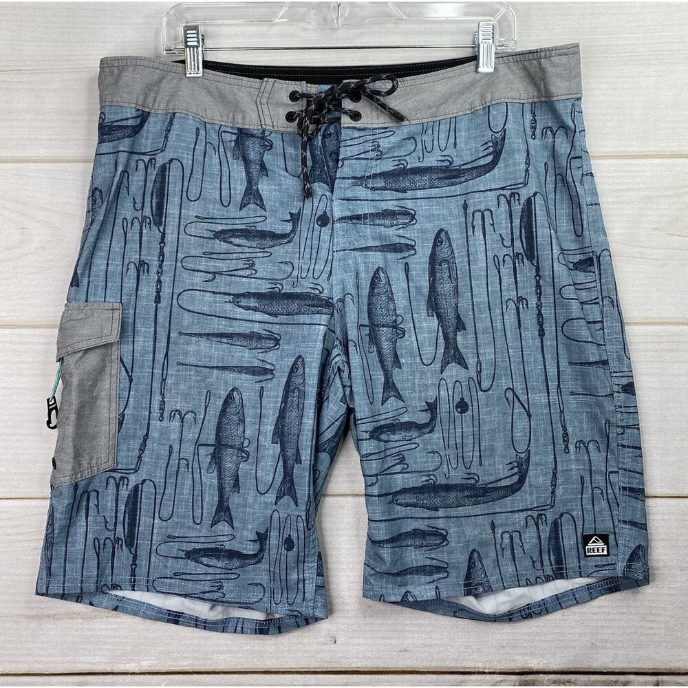 REEF Board Shorts Mens 36 Blue Fish Print Surf Swim Trunks Beach Tropical Pocket